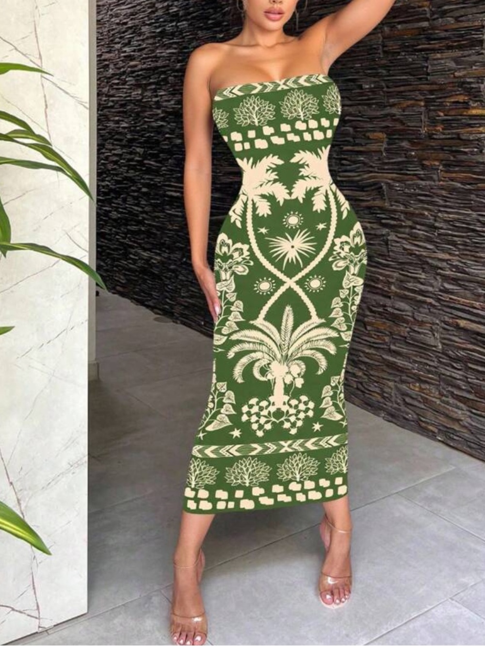 Strapless Green & Cream Patterned Bodycon Midi Dress